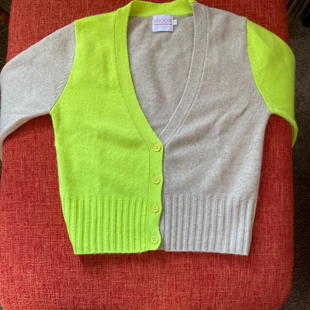 Brodie Cashmere Neon Green ColorBlock Cardigan Sweater - Picture 7 of 15